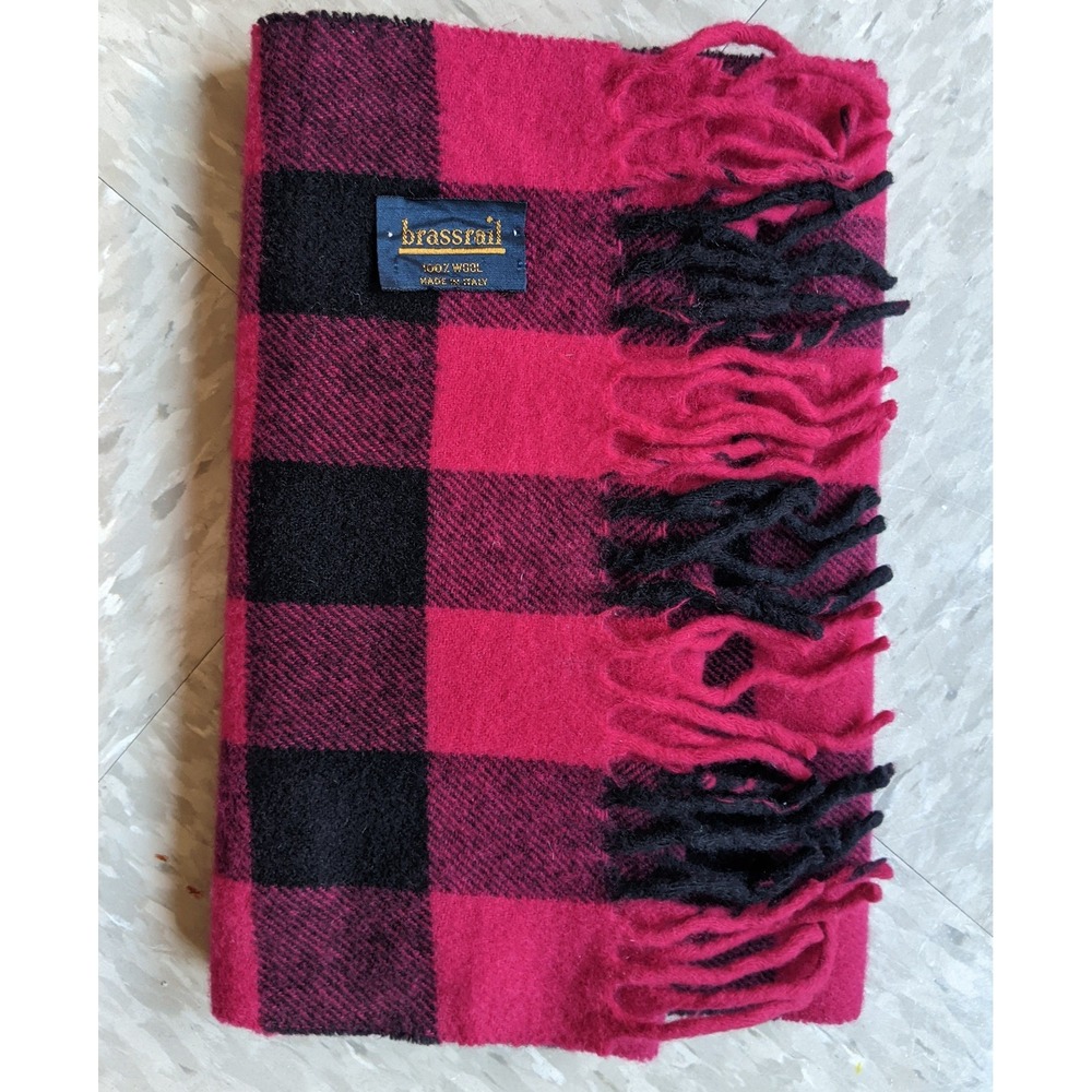 Brassrail Pink Black Buffalo Plaid 100% Wool Scarf Made in Italy Fringe Trim